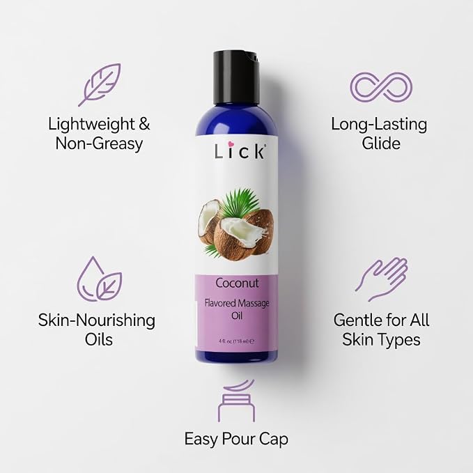 Lick Coconut Flavored Massage Oil – Tropical Edible Massage Oil with Sweet Almond Oil & Vitamin E, Hydrating Body-Safe Formula for Relaxing Couples Massage, 4 oz
