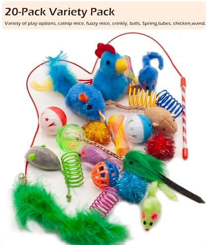 Fashion's Talk Cat Toys, Kitty Variety Pack for Kitten Cats, 20 Count Plush, Teaser & Ball Catnip Mice Cat Spring