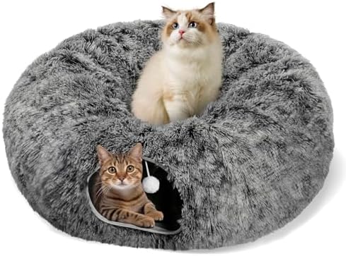 Cat Tunnel Bed for Indoor Cats, Peekaboo Cat Cave with Washable Soft Play Mat, Furry Cat Tube, for Kitten/Puppy/Rabbit, Black
