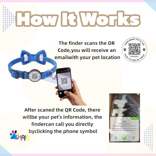 THAIN Personalized Cat Collar with Bell and Bowtie Breakaway QR Code Name Smart ID tag Quick Release Soft Comfortable Collar for Cats and Kittens (Royal Blue)
