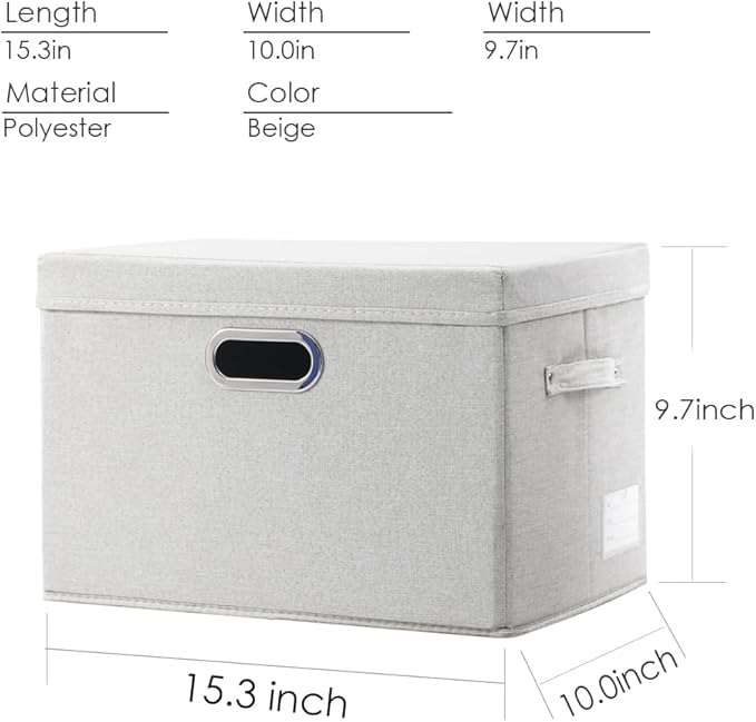 Collapsible Storage Bin with Lid [3-Pack] Fabric Foldable Storage Box Organizer Container Basket Cube with Cover for Home Bedroom Closet Office Beige(15.3x10x9.7)