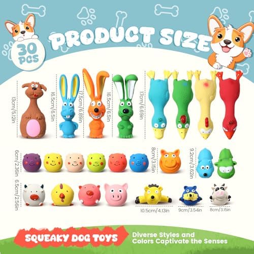 30 Pcs Latex Squeaky Dog Toys Soft Rubber Dog Chew Toy Animal Standing Stick Puppy Fetch Interactive Play Assorted Accessories for Small Medium Large Pets