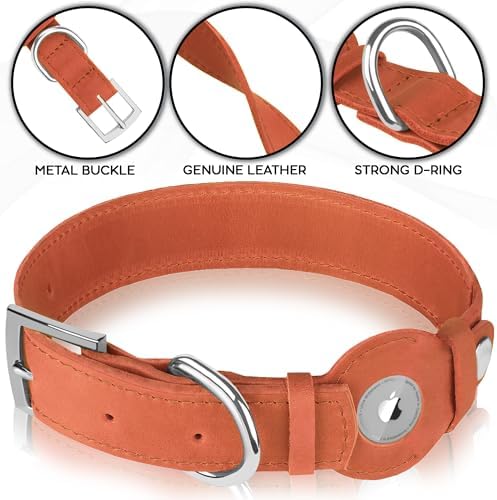 Leather Dog Collar with Airtag Holder - Apple Air Tag Dog Collars - Soft Tracking GPS Pet Collar for Small Medium Large Dogs Breed Puppy (Tawny, L, 15"-19" Neck Fit)