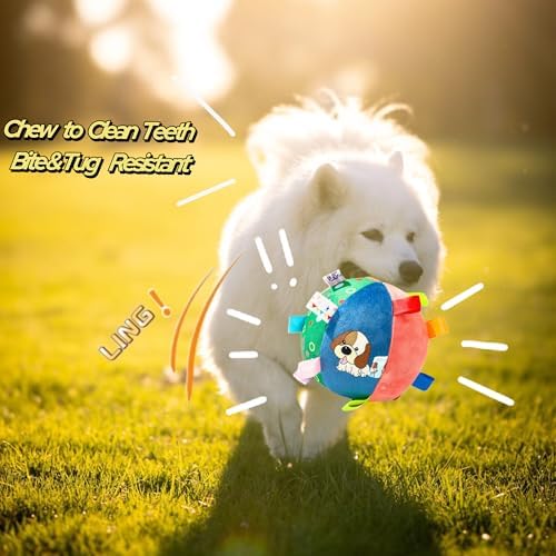 TRAVEYO Plush Dog Toy Ball, Built-in Bell Interactive Fetch Toy, 6.3 Inch Soft Stuffed Cotton Chew Ball, Durable Washable Sensory Play Toy for Small Medium Large Dogs