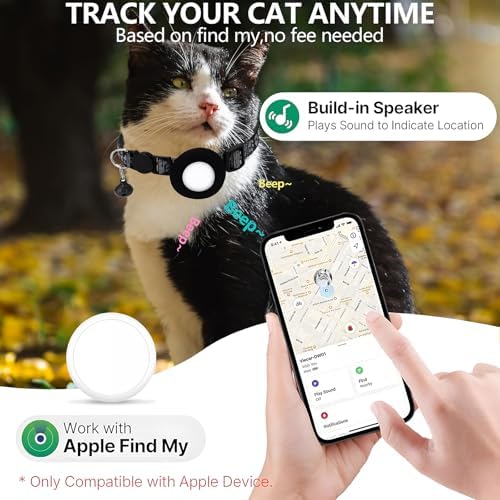 GPS Tracker for Cats, Mini GPS Pet Tracker with Collar, IPX8 Waterproof Cat Trackers Collar,No Monthly Fee,Work with Apple Find My(iOS Only),Smart Trackers for Pets-Black-1