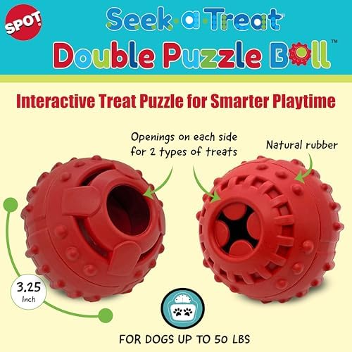 SPOT Seek-A-Treat Double Puzzle Ball Dog Toy, 3.25 in Durable Rubber Treat Dispenser with Dual Openings for Mental Stimulation & Long-Lasting Play, for Dogs up to 50 lbs