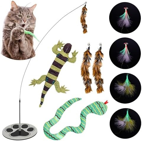Interactive Cat Toys for Indoor Cats - Glow in Dark Octopus - XL Snake And Lizard Chew Toy - Round Base Teaser Wand - Bored Adult Feline Hunting Enrichment - Self Play Kitten Juguetes para Gatos