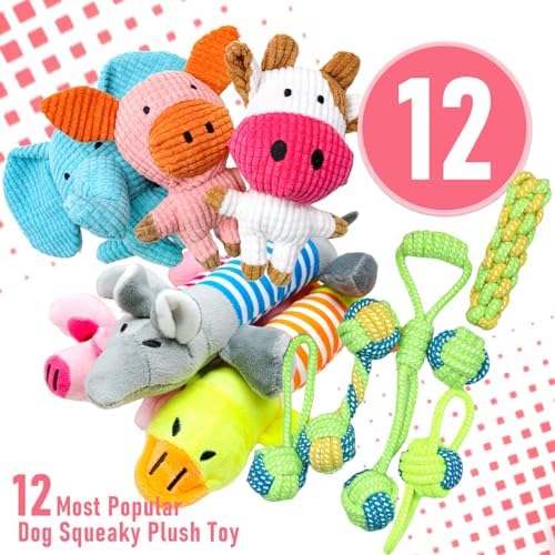 12 Pack Dog Squeaky Toys, Interactive Plush Chew Toys with Rope