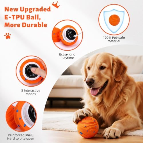 Smart Interactive Dog Toys Ball，Automatic Moving, Bouncing and Rotating,Pet-Safe & Durable E-TPU Material, IPX7 Waterproof, Active Rolling Ball for Puppy Medium Large Dogs, Long Battery Life (Orange)