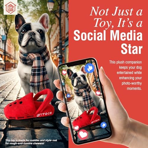 Grrrocs – Luxurious Parody Plush Dog Toy with Squeaker, Premium Fabric, Embroidered Details, Designer-Inspired Chew Toy, Fun Gift for Medium Dogs & Dog Lovers
