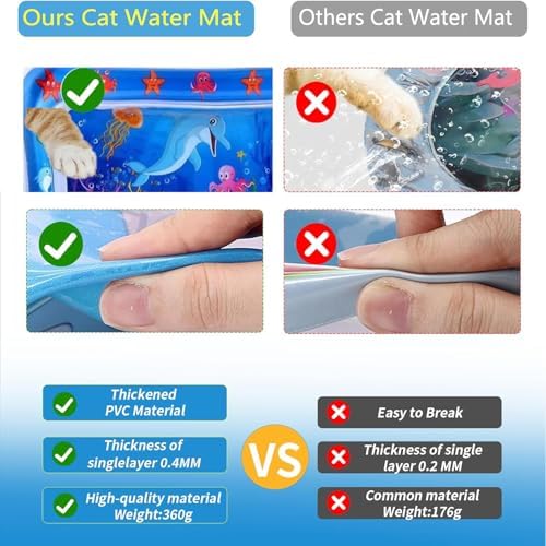 2 Pieces Upgraded Thickened Cat Water Mat,Interactive Cat Toy for Indoor Cats to Exercise, Hunting,Swatting, Anti-Scratch Leak Proof Foldable Water Sensory Play Mat with Fish for Pet Play