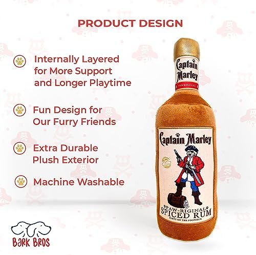 Bark Bros - Liquor Bottle Dog Toy - Plush Squeaky Dog Toys Funny Drink Parody - Alcohol Dog Toy - Dog Birthday Toy - Cute Dog Toys - Puppy Gifts - Puppy Stuff - Dog Stuff (Large, Captain Marley)