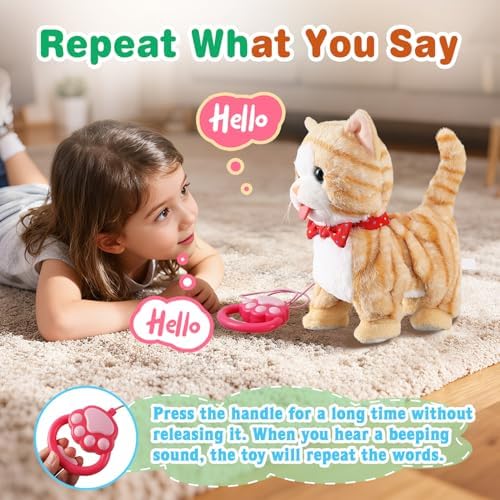 Yellow Walking Cat for Girls Set Toy Talking Singing Animated Robot Kitty Interactive Plush for Cat for Kids Kitten Robotic Plush That Meow and Purrs Electric Robot for Toddlers Baby