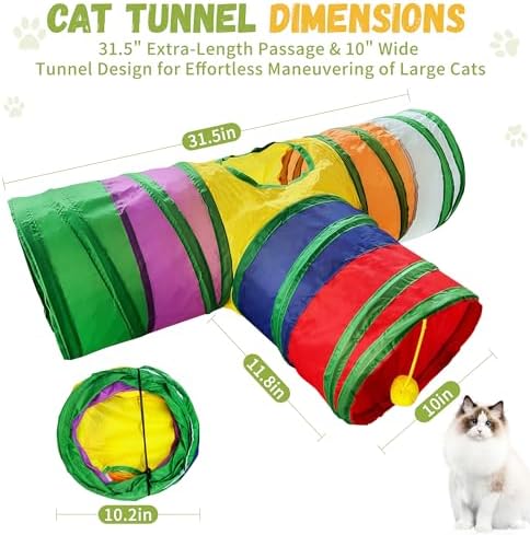 Cat Tunnel,Cat Tunnels for Indoor Cats Interactive, Pet Tunnel Toys for Cats Kitten Rabbits,3 Way Collapsible,Rainbow L 32" T Shape