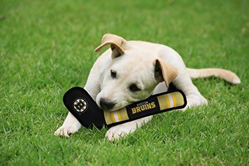Pets First Dog Toy Tough Nylon with Inner Squeaker Licensed by NHL Boston Bruins Hockey Stick Toy for Dogs & Cats. Play Hockey with Your Pet with This Licensed Dog Tough Toy