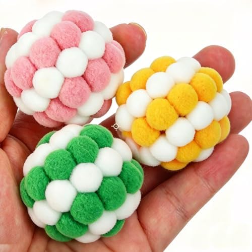 Cat Toy Balls with Crinkle Sound 3-Pack, 2-Inch Soft Plush Pom Pom Balls for Indoor Cats & Kittens, Colorful Fuzzy Interactive Chewing Toys for Hunting Playing, No Catnip