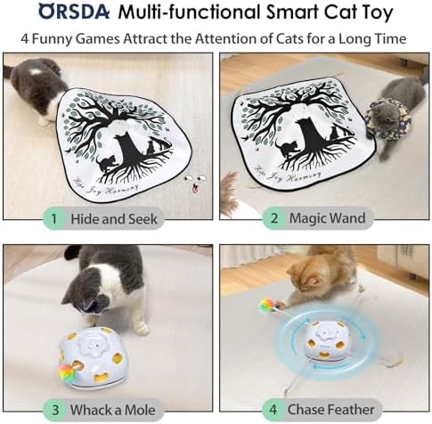 ORSDA Cat Toys for Indoor Cats 4 in 1 Interactive Automatic Cat Toys for Bored Indoor Adult Cats Kitten Toy Rechargeable 8 Hole Mice Whack-A-Mole, Hide and Seek, Moving Feather, 5PCS DIY Replacement