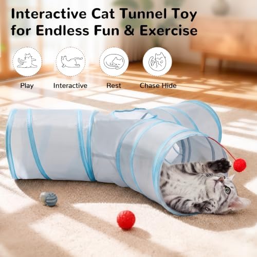 Tempcore Cat Tunnel, 3-Way Collapsible Toy for Indoor Cats, Grey & Blue