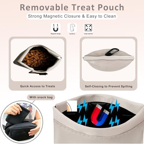 Puppy Dog Treat Pouches for Pet Training Treat Bag, Dog Walking Fanny Pack with Carabiner, Built-in Poop Bag Dispenser & Reuse Dog Poop Holder, Puppy Pet Treat Waist Belt (Cream)