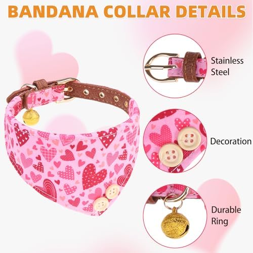 KOOLTAIL Cute Small Dog Collar and Leash Set with Bowtie and Bells,Puppy Bandana Collar and Leash for Girls with Pink Heart Pattern,Soft Leather Tangle Free Leashes for Small Dogs,Cats