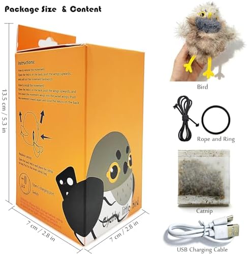 Tipmant Realistic Electric Birds Cat Teaser Interactive Toy Kitten Kitty Exercise, Touch Activated, Rechargeable, Chirp, Flap Wings with Catnip (Grey Cuckoo)