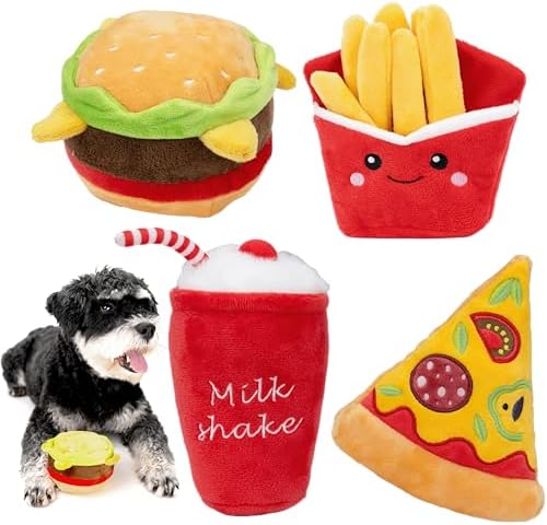 Plush Dog Toy Food Shaped Stuffed Pet Toys Puppy with Squeaker Crinkle Funny Cute Interactive Gift Relieve Anxiety Aggressive Play [4pcs] Fast Food Set