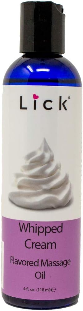 Lick Whipped Cream Flavored Massage Oil with Vitamin E - Warming Edible Body Oil for Couples Massage - Sweet Almond and Coconut Oil Blend - Smooth Glide Skin Therapy for Men and Women - 4 oz