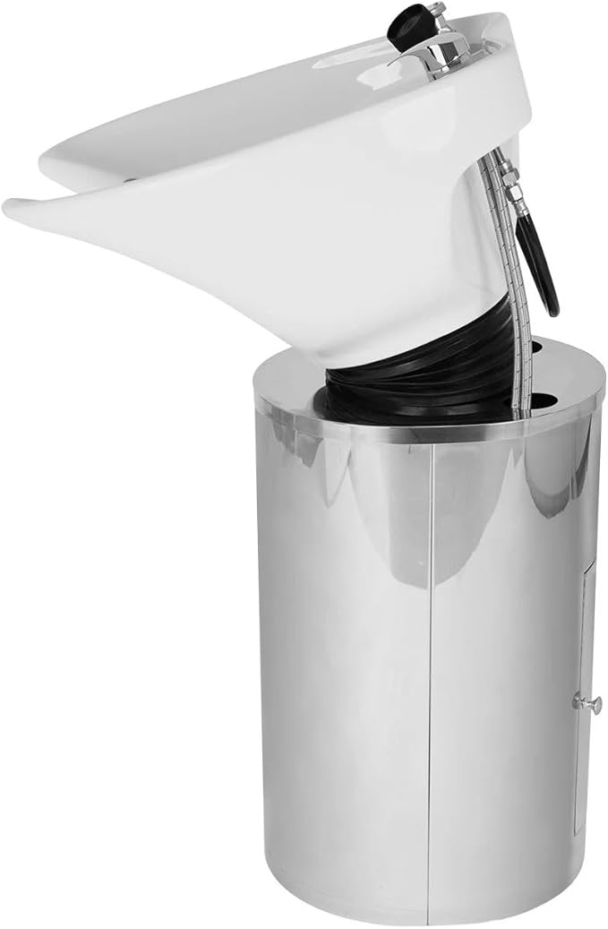 Buy-Rite Paris Pedestal Shampoo Unit with stainless steel base, white tilting porcelain bowl, faucet, spray hose, drain, and vacuum breaker – durable professional salon equipment.