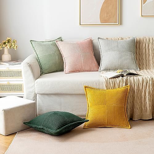 MIULEE Decorative Euro Sham Throw Pillow Covers 22x22 Inch Dark Green | 2 Pack, Boho Broadside Striped Patchwork Pillow Covers, Soft Corduroy Cushion Cases, For Bed Sofa Couch Livingroom Home Decor