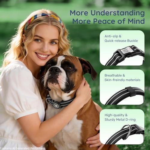 Reflective Dog Collar with AirTag Holder, Waterproof Dog Collar with QR Code, Heavy Duty Adjustable Pet Collar for Extra Small Dogs, Black