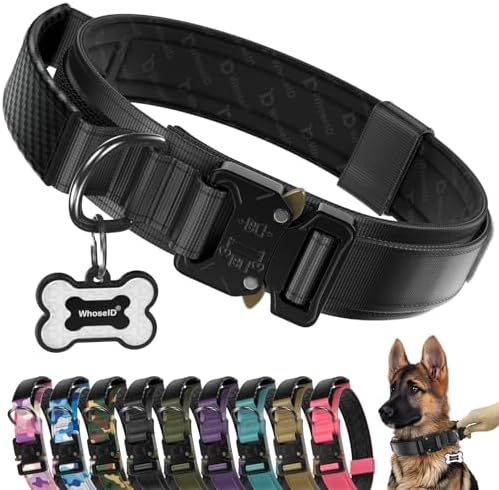 Premium Tactical Dog Collar - Adjustable Military Heavy Duty Dog Collar for Medium Large Dogs - Durable Metal Buckle Dog Collar with Leather Control Handle and Soft Comfortable Padding