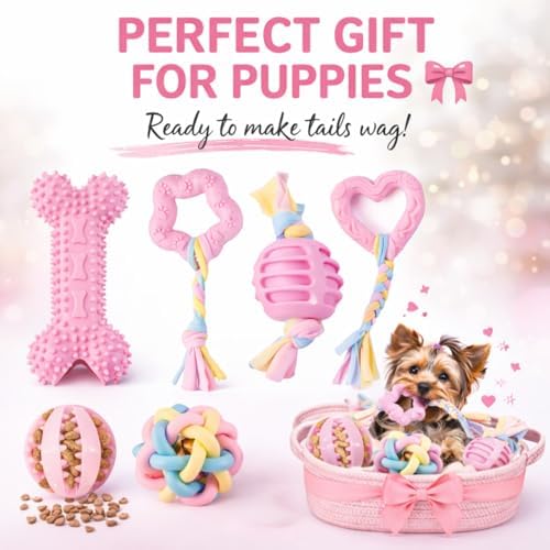 Puppy Chew Toys, 6 Pack Puppy Teething Toys for Small Breed, Soft Rubber Cute Pink Dog Toys, Eco-Friendly, Teeth Cleaning Interactive for Small Dogs (Basket not Included)