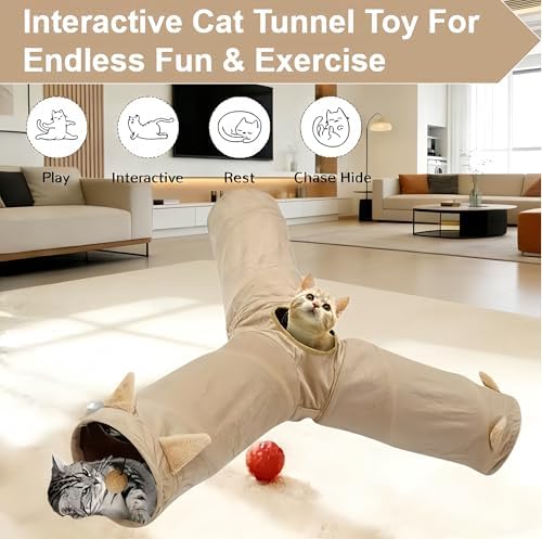 Cat Tunnel 3 Way Collapsible, Cat Ear Design with Crinkle Sound, Indoor Cat Toys Interactive, 4 Peek Holes Pet Play Tube for Cats, Kitten, Puppy, Rabbit, Brown (3-Way Brown Cat Ears)