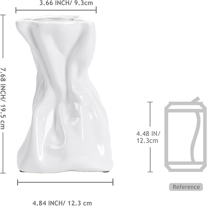 7.6 Inch Thick Crinkled Paper Bag Vase White Ceramic Vase for Home Decor, Unique Glossy Flower Vases for Dining Table, Shelves, Entryway, Living Room, Boho Decorative Vases for Flowers, Gift