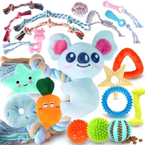 Aitmexcn 20 Pcs Puppy Toys for Small Dogs, Puppy Teething and Chew Toy Set with Squeaky Plush Toys, Treat Ball, Rubber Teething Rings and Rope Toys