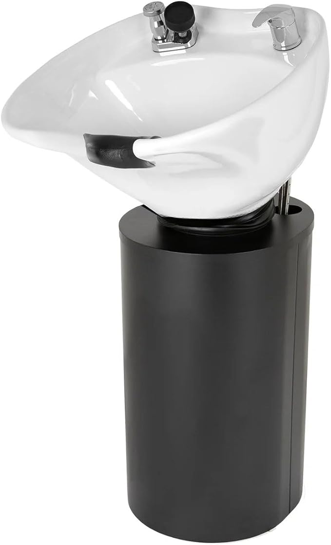 Buy-Rite Paris Pedestal Shampoo Unit with Black Metal Base with Tilting Porcelain Shampoo Bowl, Easy Access Rear Plumbing Door, NIN-030BLACKBASE-WHT (White Bowl)