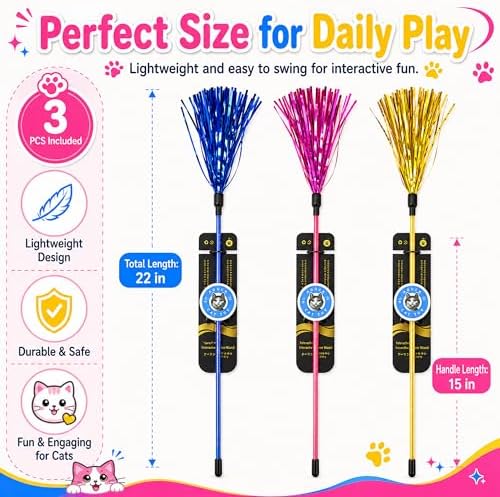 ADUCK Tinsel Cat Wand Toys for Indoor Cats, Interactive Kitten Toys, 3 Pack