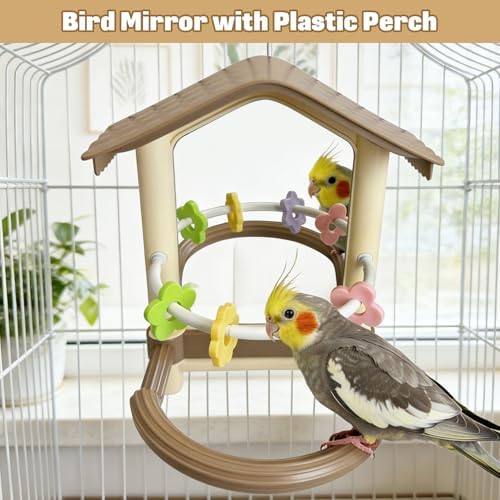 kathson Bird Mirror with Plastic Perch and 5PCS Colorful Rattan Balls Parakeet Hanging Swing with Mirror Interactive Toy Bird Cage Accessories for Cockatiel Parrot Conures Cockatoo Finch(Brown)