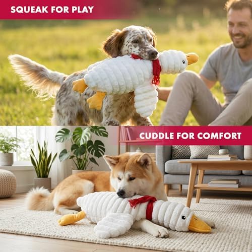 Pet Lou 36 Inch Goose Dog Toy, Plush Squeaky Dog Toy with Crinkle and Grunter, Interactive Dog Toy for Puppies and Dogs, White