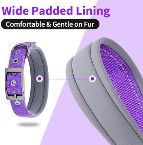 Segarty Reflective Medium Dog Collar, Adjustable Wide Soft Comfortable Breathable Neoprene Padded Nylon Collar with Heavy Duty Metal Buckle for Medium Small Breeds (M, Purple)