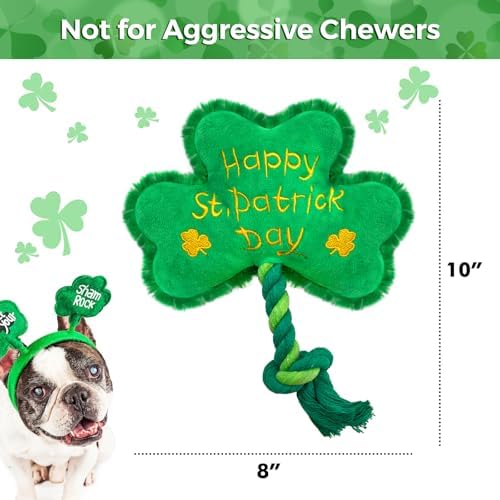 St. Patrick's Day Dog Toy, Squeaky Dog Toys with Rope, Plush Shamrock Clover Stuffed Toys, St. Patrick's Day Gifts for Small and Medium Dogs, Only Suitable for Pet Use