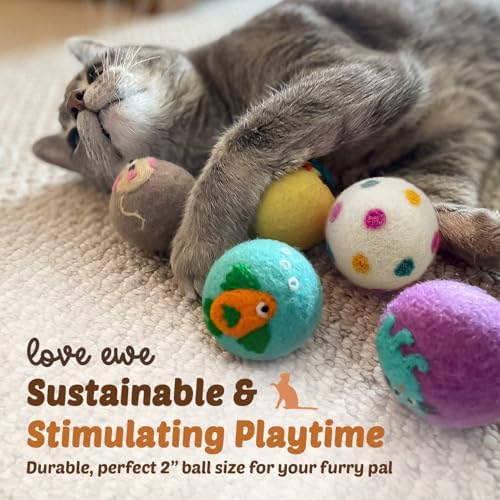 Love Ewe Wool Cat Toys 3 Pack, 3in Fish with Bell & 2in Ball