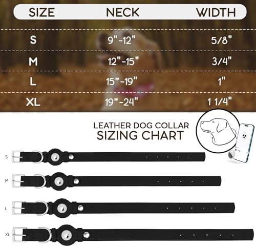 Leather Dog Collar with Airtag Holder - Apple Air Tag Dog Collars - Soft Tracking GPS Pet Collar for Small Medium Large Dogs Breed Puppy (Black, L, 15"-19" Neck Fit)