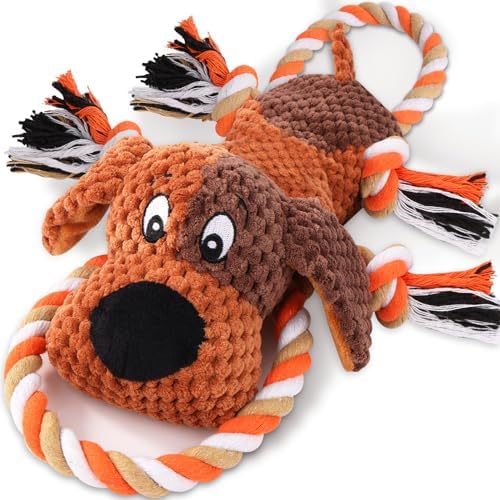 Drmstow Dog Toys for Aggressive Chewers, Squeaky Plush Chew Toy with Crinkle, Interactive Rope Tug of War Toy for Large Dogs to Keep Them Busy
