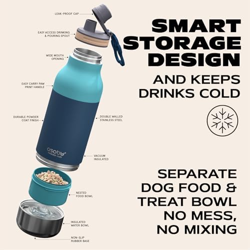 Asobu Buddy Bottle a Stainless Steel Insulated Water Bottle for with Removable Dog Water Bowl and Dog Food and Treat Storage Bowl (Pastel Green, 34 Oz)