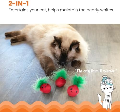 Catstages Strawbabies Dental Cat Chew Toy with Catnip & Feathers, 3-Pack