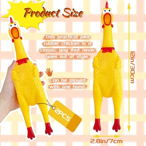 Xeehwb 2 Pcs Large Rubber Chicken,Screaming Chicken Dog Toys,Yellow Rubber Squawking Chickens,Squeaky Chickens Toys,Prank Noise Maker Dog Toys 12 Inch