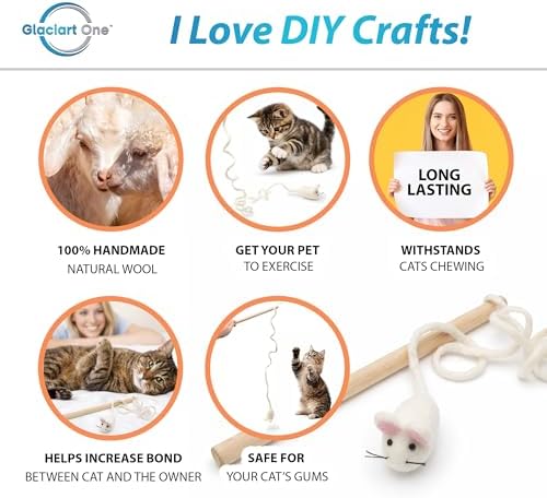 Glaciart One Mouse on a String Cat Toy – Durable Wooden Wand Cat Toy with Natural Wool Felt Mouse w/Catnip, Interactive Cat Toy on a Stick & Cat String Toys for Indoor Cats to Chase & Exercise