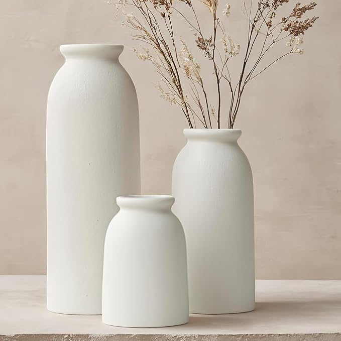Ceramic Vase Set-3, Small Flower Vases for Decor, Modern Boho Farmhouse Style, Decorative Vases for Pampas Grass & Dried Flowers, Distressed Finish (White)