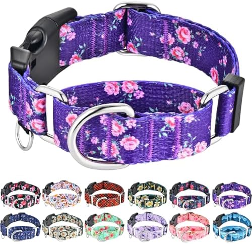 Martingale Collar for Dogs with Buckle Floral Dog Collar Girl Female Soft Nylon Dog Collars for Small Medium Large Dogs (Purple Flower, S)